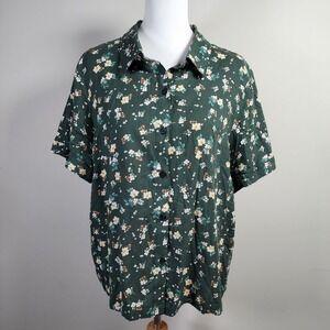 Twik Floral Button Down Shirt Womens XL Green Short Sleeve Cottagecore Academia